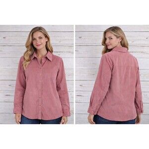 Denim & Co Corduroy Big Shirt Small Dusty Rose Button Front Stretch Top